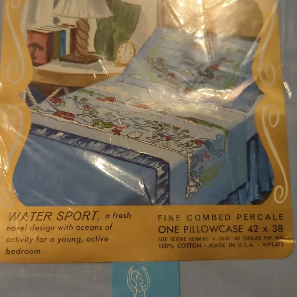 Vintage Lady Pepperell Water Sport Bed Sheets Pillowcase Twin Blue Ocean Dive